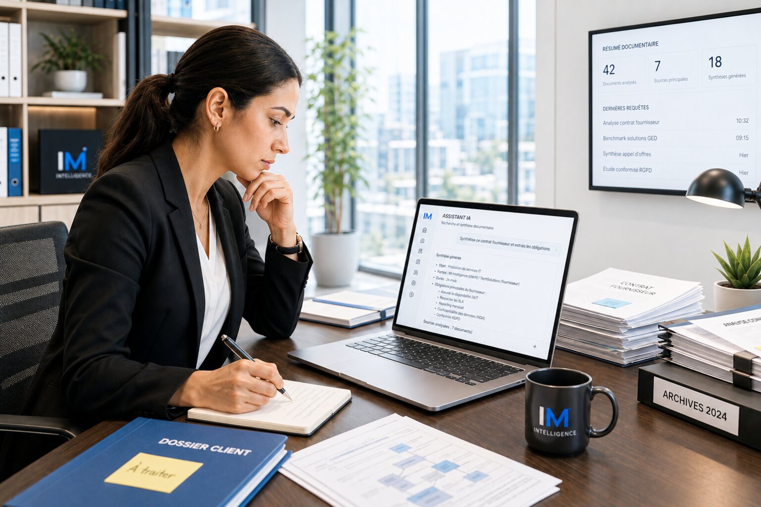 Collaboratrice utilisant un assistant IA pour analyser et rechercher des informations dans des documents professionnels