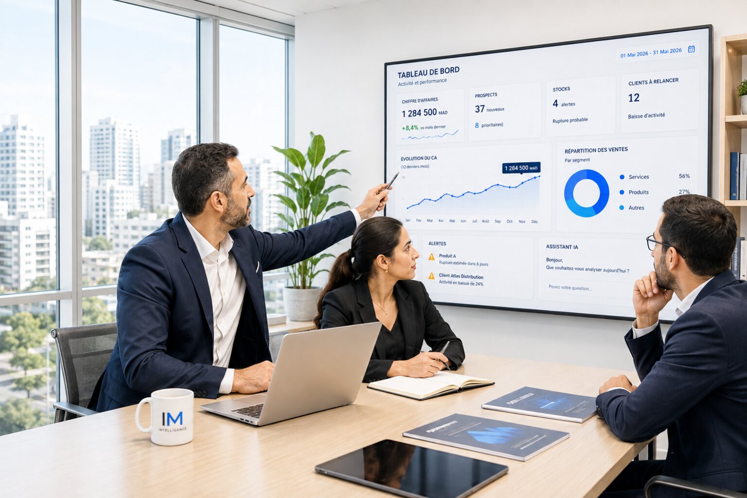 Équipe de direction analysant les données de l’entreprise avec un tableau de bord IA