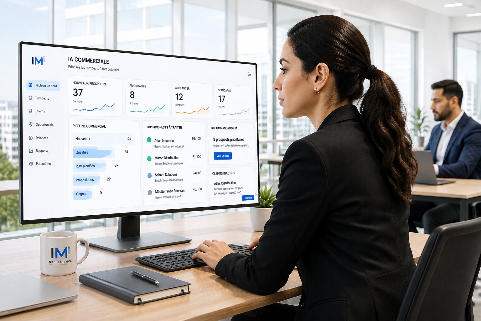 Responsable commerciale utilisant un tableau de bord IA pour qualifier et prioriser les prospects