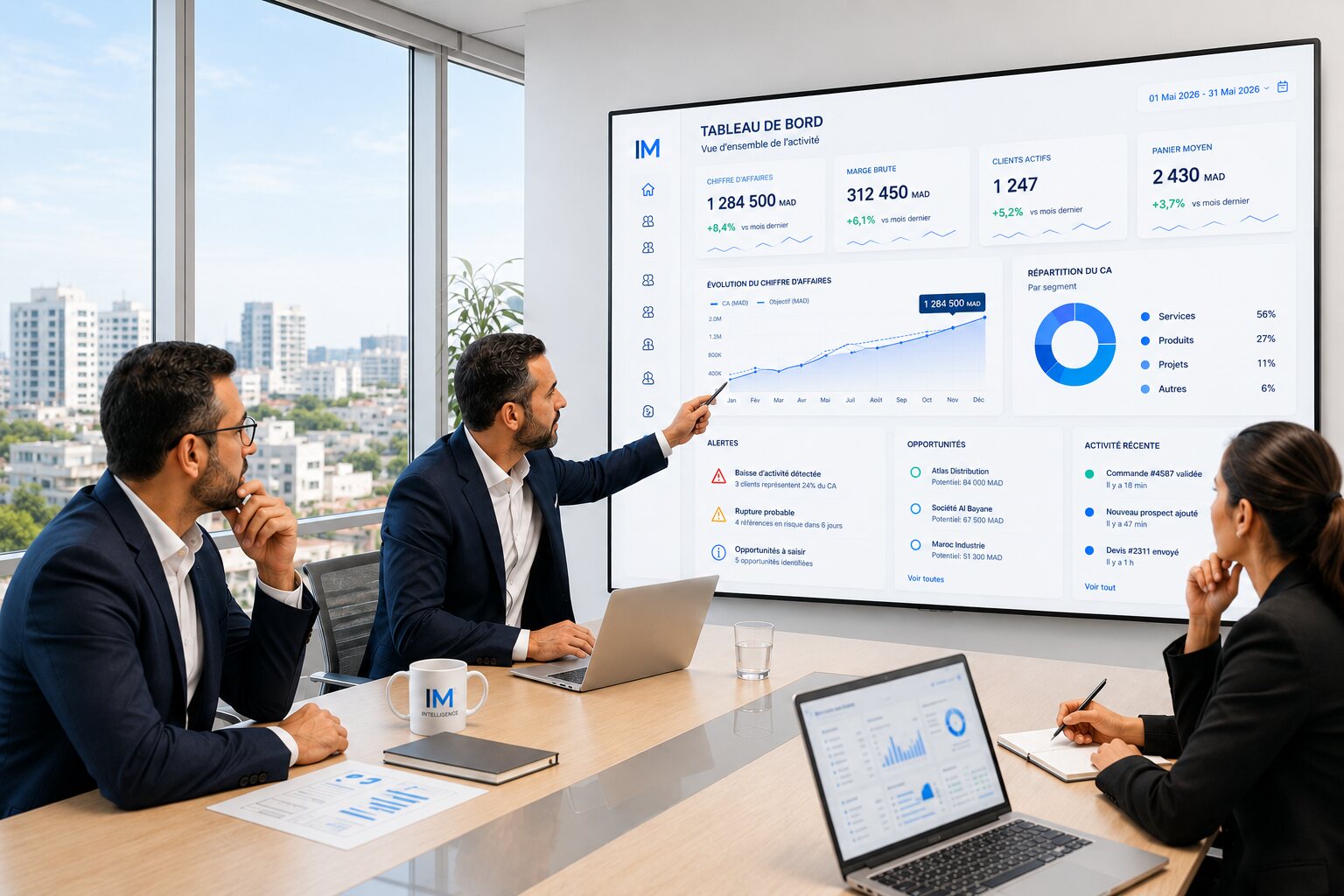 Équipe de direction analysant les performances de l’entreprise sur un tableau de bord intelligent